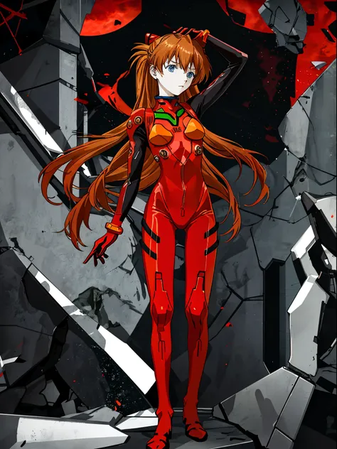 Shikiha Asuka Langre, ASUKA, Evangelion, her hair is a long blonde double ponytail, wearing a full red EVA pilots combat suit, high heels on her feet, tsundere girl, slender, juvenile, with almond-shaped sky blue eyes, long eyelashes, shiny lips, tsundere ...