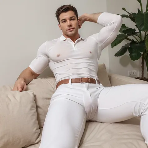 hot muscular man in tight polo and white pants with cock not shirtless fullbody