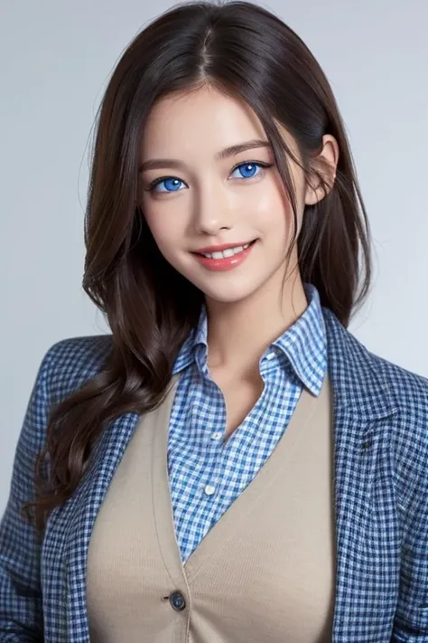 ((eBlue eyes))，（s the perfect face，）Beutiful women，Long gray hair，Toothy smile，whitet-shirt，((blue check jacket)),((one color background))