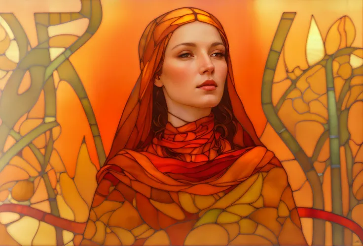 A picture of a woman wearing a red scarf and a yellow scarf, maxim verehin stained glass, moebius + ArtGerm, by mucha. Art Nouveau. Groomhaven, hyperrealistic art nouveau, raphaelite and mucha, by Galen Dara, Altgerm Mucha, Musha Tiffany Kilian Engineering...