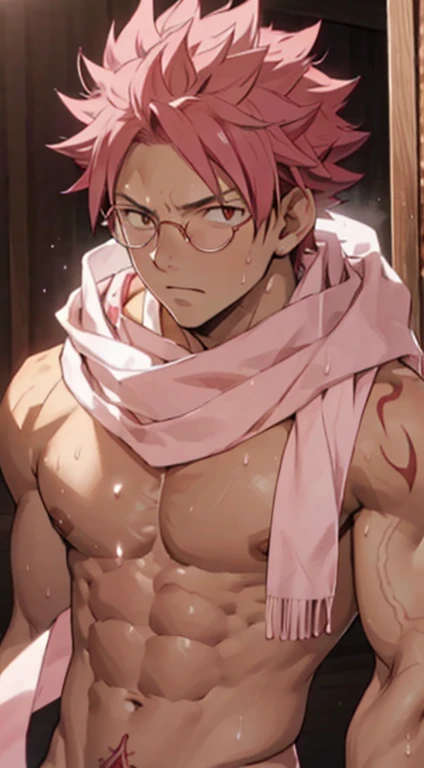 masterpiece, best quality red eyes, game cg, 1boy naked and V-Line sweating, solo, male focus, (looking at viewer),  sweating, natsu_dragneel Natsu Dragneel, pink hair, brown eyes, shirtless naked, ((white scarf:1.2)), toned muscle sweating, pectorals, 8 a...