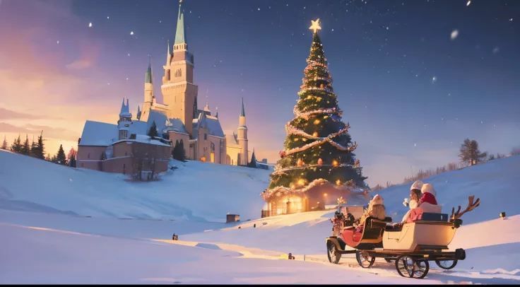 christmas，There is a beautiful castle，pink spire，Its snowing in the sky，There is a Christmas tree on the ground，Aerial Santa driver sleigh，There are reindeer pulling a sleigh in the front，Beautiful，Scenes without other characters