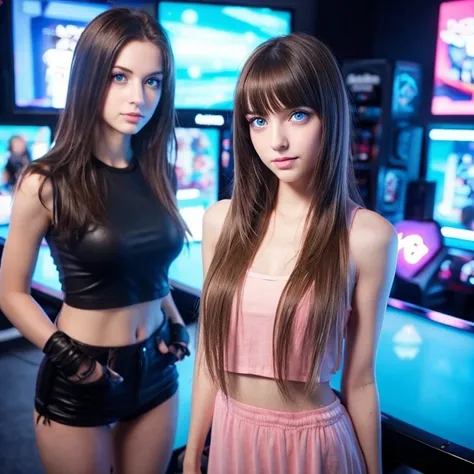 Stunning Sweet Cuties.  photorealistic girl, eyes, blue eyes, skinny, girl, mini, real Beautiful face, playing  full body standing, with friend, sexy, egirl, gameroom