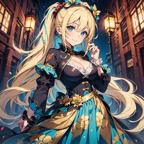 ((Best Quality, 8K, Masterpiece:1.3)), Focus: 1.2, Perfect Body Beauty: 1.4, BREAK 1girl, solo, blonde hair, little smile, blue eyes, Side ponytail, hair scrunchie, hair ornament, blue scrunchie, Swept bangs, big breasts, Extended language, shiny_skin, vol...