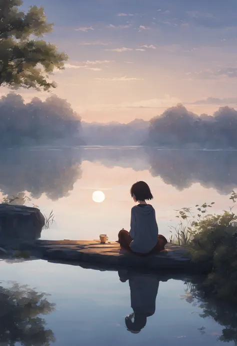 Create an image of an anime girl sitting by a tranquil lake at dawn, staring at the reflection in the water. The early morning mist and the calm water create a peaceful, introspective scene.