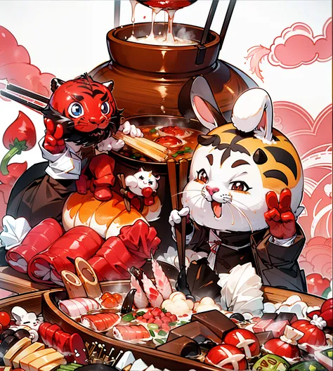 (Best quality),(tmasterpiece),high detal,extremely_Detailed pubic hair_CG_unified_8K_Wallpapers，A rabbit，one tiger，chopsticks，Eat hot pot，verdure，Flesh，shrimps，sukiyaki，radishes