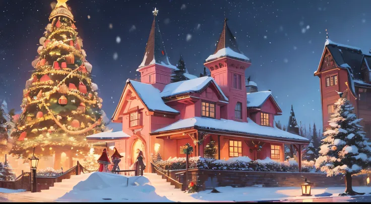 christmas，There is a beautiful castle，pink spire，Its snowing in the sky，There is a Christmas tree on the ground，Aerial Santa driver sleigh，There are reindeer pulling a sleigh in the front，Beautiful，Scenes without other characters