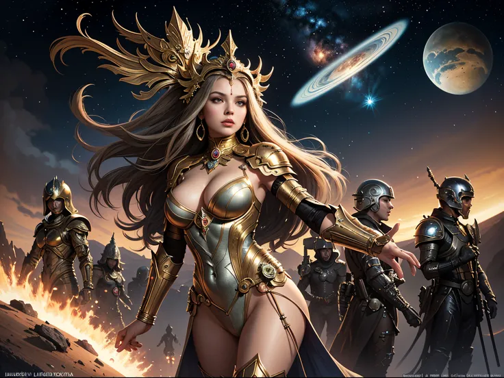 Photo of a woman wearing a helmet surrounded by others, Stephen Hickman, beautiful retro art, Mars Attack, gilded lotus princess, CG social choice, Cosmic apocalypse, persian queen, Kirill Leonov, by Jason A. Engel, Barbarella