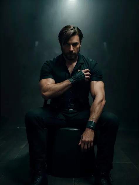 Black duster coat, male, muscular, fade haircut, brown hair, green eyes, black fingerless gloves, green shirt, short sleeves on coat, stubble beard, black jean pants, black combat boots, sitting on throne, glowing eyes, dark atmosphere, smug face, stormy b...