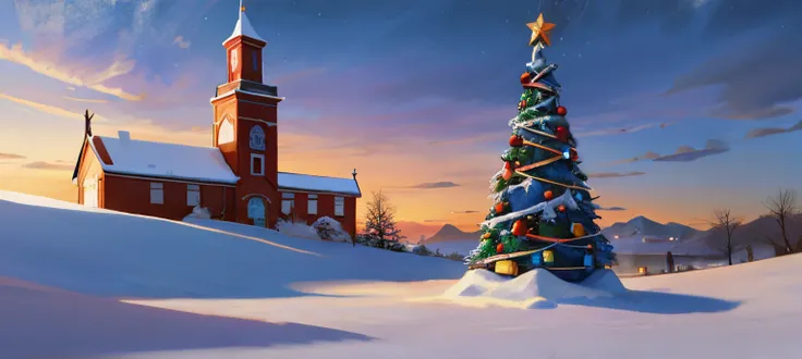 snow landscape，In the background is a Christmas tree and a church, Arte conceitual de inverno, concept-art, stylized concept art, from overwatch, Kirill Kotashevs style, blizzard concept art, zootopia concept art, concept art by disney, blizzard concept ar...