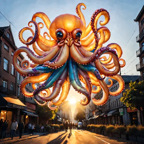 Colorful octopus made of balloons，Float over the city，Tentacles extend gracefully in all directions。The sun casts a warm glow on the scene，Highlight the vividness of colors。Capture scenes with ultra-detailed realism，The art style combines elements of fanta...