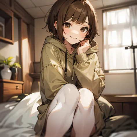 Shorthair woman、a room、A slight smil、wearing hoodies、Brown eyes