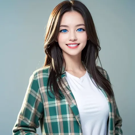 (((eBlue eyes)))，((is a perfect face))，Beutiful women，Long gray hair，Toothy smile，whitet-shirt，((green plaid jacket)),((blue backdrop))