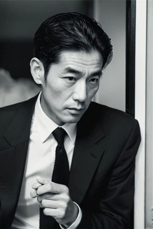 Japanese man in his 50s,Upper body portrait,Black suit,Uncle,black-and-white,shaved hair,Smoking cigarettes