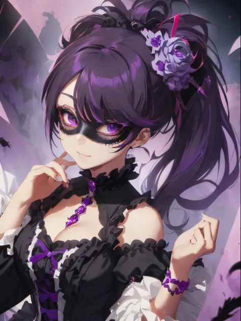 ((Hair that is a mixture of black and dark purple)),(side tied ponytail),((She is wearing a mask like one would wear at a masquerade ball.....)),((Mask to cover the eyes)),((A dress with lots of black and purple frills)),(flare sleeve),((corsets)),((The he...