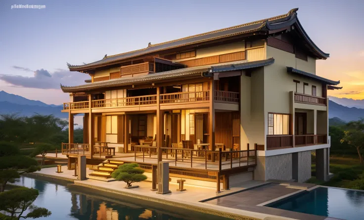 architecture outdoor dining, japan villa house in the background, many stilt house, brown tile roof, house wall yellow, morden b...