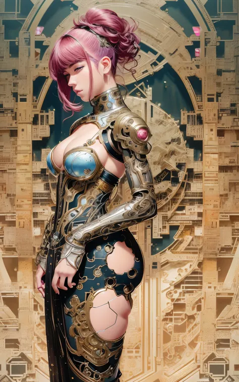 8k portrait of beautiful (cyborg) with pink hair, (Dua Lipa) , mecha musume scifi body suit, pauldrons, intricate, elegant, highly detailed, majestic, digital photography, art by artgerm and ruan jia and greg rutkowski surreal painting reflective, hairpin ...