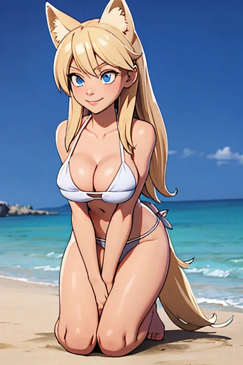 close up 1girl in, teenager, Solo, (blond, straight blonde hair, super long blonde hair:1.2), ((light blue eyes)), (dirty blond fox ear:1.35), perfect clear skin, medium breasts, (thin hips, thin waist: 1.25), neutral face, shy smile, (kneeling on a beach:...