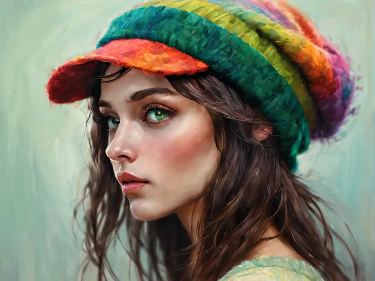 Digital painting using palette knife technique. A beautiful green-eyed girl in profile looking at camera with a brightly colored wool cap, very detailed, 16k. style Vladimir Volegov, Tom Bagshaw, Pino Daemi, Albert Eckhout, Carne Griffiths