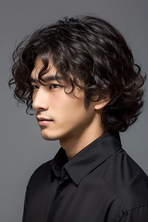 Japanese handsome man,profile portrait,Black shirt,short hair perm