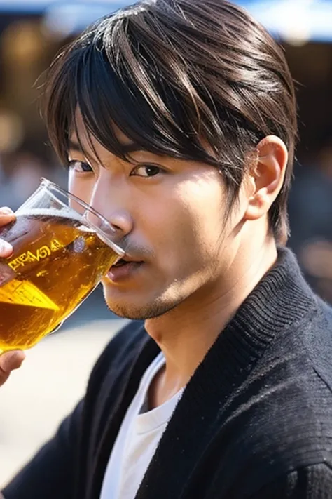 50 Japanese men,Close-up of a delicious looking face drinking beer