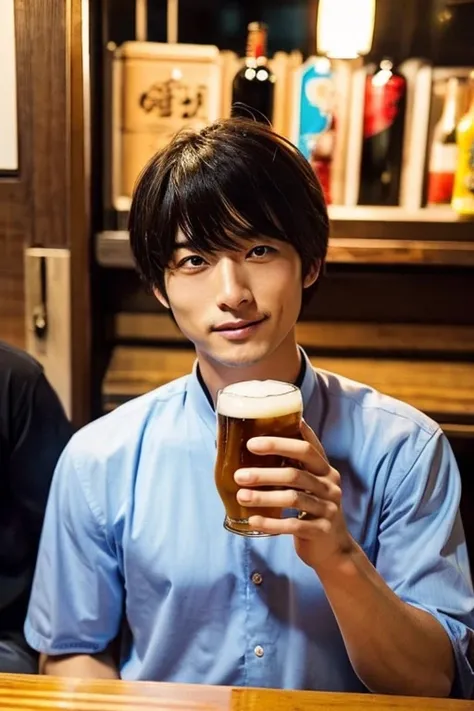 50 Japanese men,Drinking beer and looking delicious,parting bangs