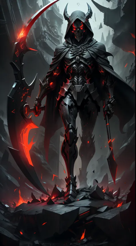 Male grim reaper with glowing red eyes, hood, metal horns, mechanical body, hollow chest, lava grim reapers scythe. black robes, in a dark world full of ashes and lava, full body, from below view, good anatomy, good body proportion