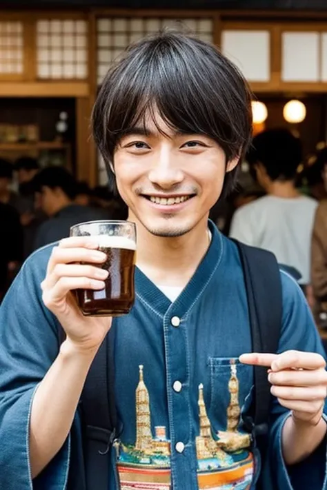 50 Japanese men,drinking beer and smiling,Bangs are divided into centers