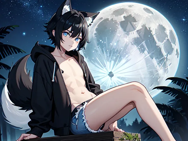 Boy with short black hair, has wolf ears, had wolf tail, wearing denim short shorts and a cropped black hoodie, thick thighs, wide hips, solo, alone, has glowing blue eyes, flat chest, Forest, night, shiny stars, full moon, best quality, Masterpiece