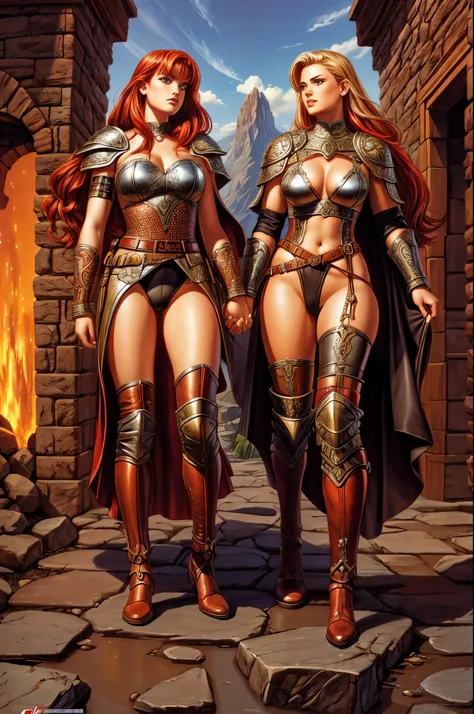 2girls, female barbarians, leather armour, blonde hair, red hair, full body shot, lesbian, romance, clyde caldwell