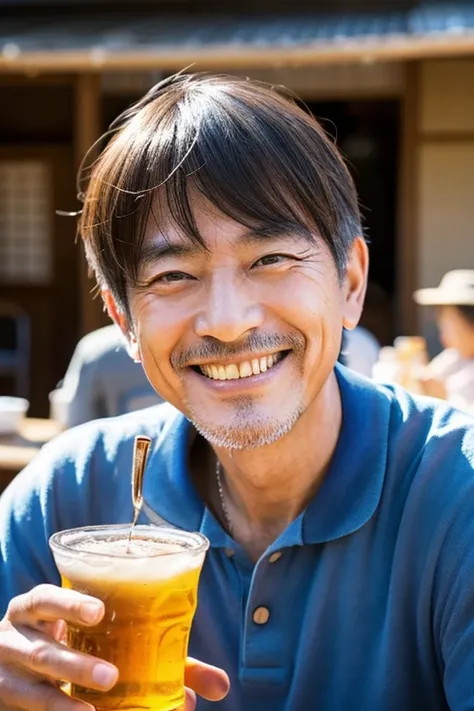 Portrait of a smiling Japanese man in his 50s drinking beer,Bangs are divided into centers