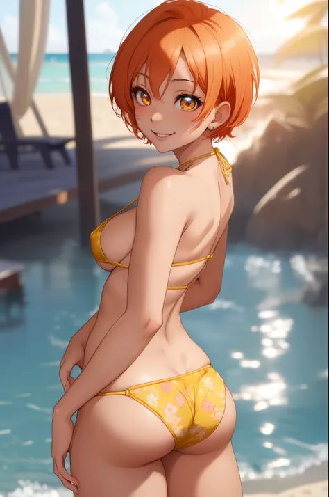 Masterpiece, sksrin, beautiful urban female model, facial details, detailed body part details, 8k wallpaper, looking at viewer, Hoshizora rin, short hair, (most beautiful micro bikini:1.2), thighs, golden ,glowing eyes, cowboy shot, sexy, from behind, sexy...