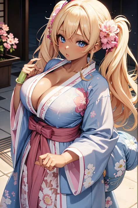 Female Gyaru, Twintail Blonde hair, Blue eyes, dark brown skin, large breasts, wearing a white and pink yukata with floral accents