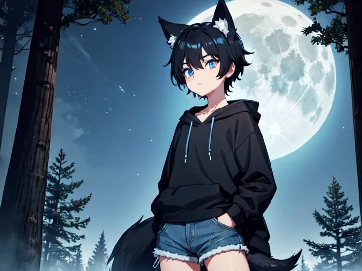 Boy with short black hair, has wolf ears, had wolf tail, wearing denim short shorts and a cropped black hoodie, solo, has glowing blue eyes, Forest, night, shiny stars, full moon, best quality, Masterpiece