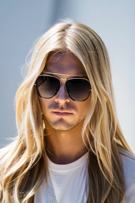 Blonde Long Hair,wears sunglasses,White background,A man looking down and touching his chin