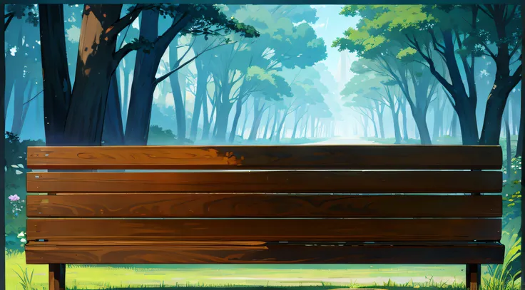 ghibli style, wooden bench,