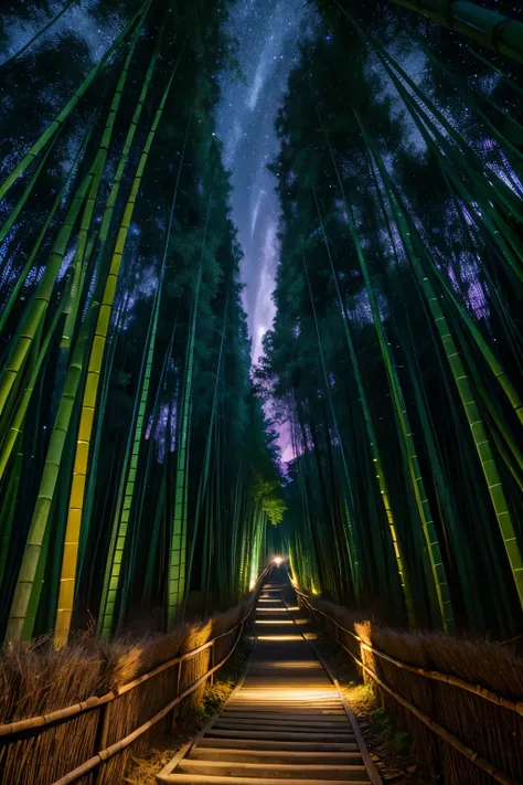 a path in a bamboo forest at night, dark starry sky, night colors,
UHD, retina, masterpiece, accurate, super detail, high details, high quality, award winning, best quality, highres, 16k, 8k,