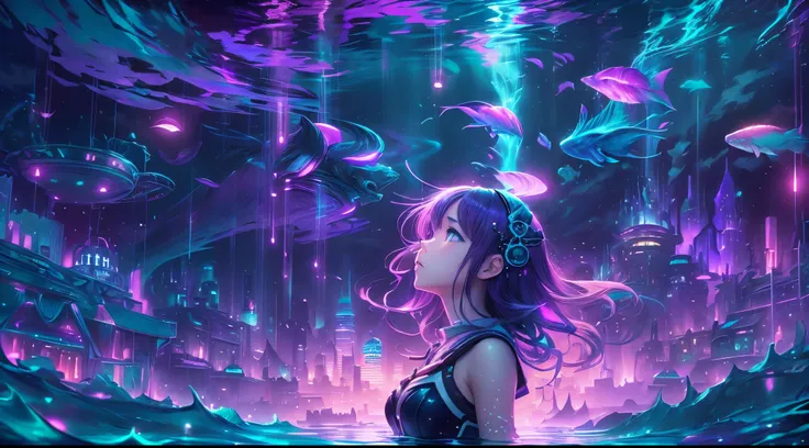 underwater world with futuristic city. purple, blue and black with moonlight shining through the layers of water. ((a pretty ani...