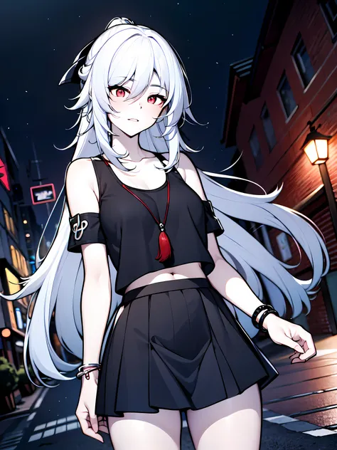 (masterpiece:1.2), (pale skin:1.2), (solo:1.2), (female:1.1), (emphasis lines:1.3), white hair, long hair, bare shoulders, outdoors, (black_skirt), red eyes, (tanktop:1.3), (on_a_date), armbands, (bracelets), collarbone, streets, (night), (casual)