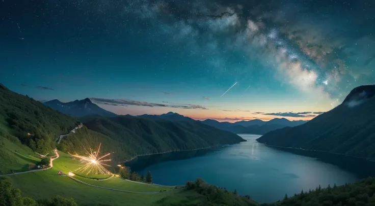 Nice day,Exquisite water,nigh sky,sparkler,Beautiful wallpapers,，Healing skies，Green mountains