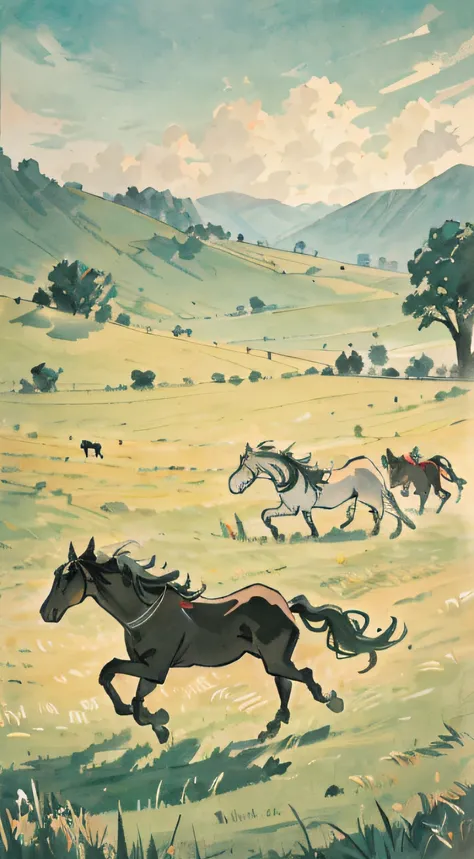 vector illustrations，A herd of horses running on the green grassland，A herd of horses，Twenty horses