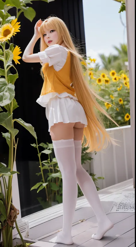 rialistic photo、sailorvenus、, with long blonde hair, the sailor galaxia. Beautiful, Anime Barbie in white stockings,White panty、17 year old beautiful girl、Poolside in summer、Sunflower background、, by Sailor Moon, model エリサヘス s from acquamodels, full pose, ...