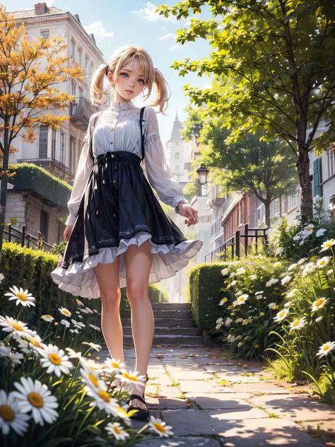 (Best Quality),hight resolution,(Realistic:1.37),Portrait,Garden Girl,Beautiful detailed eyes,Detailed lips,Vivid colors,(Melody Mark:1.1),(Girl walking in town),(Nostalgic atmosphere) ,(Short hair),(Low blonde hair, Loose and fluffy twin tails:1.2),Bright...