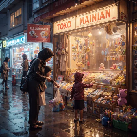 ultrarealustic a mother hijab who sells hawkers is holding her child in front of a toy shop sadly, her childs hand is pointing at something she wants, there is a shop with a large glass displaying childrens toys, there are many childrens shops next to the ...