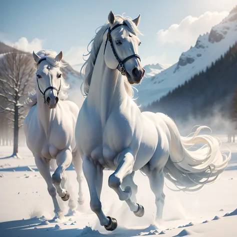 On a sunny day，White horse running in the snow，an all white horse，beautiful tranquility，Winter mist，majestic horses，Photographic works，Dancing beauty，extremely beautiful and ethereal，A majestic，Beauty，Magical comic landscape