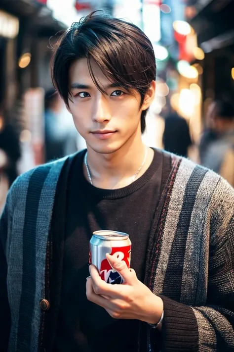 Japan handsome men,profile portrait,holding a can in front of your face