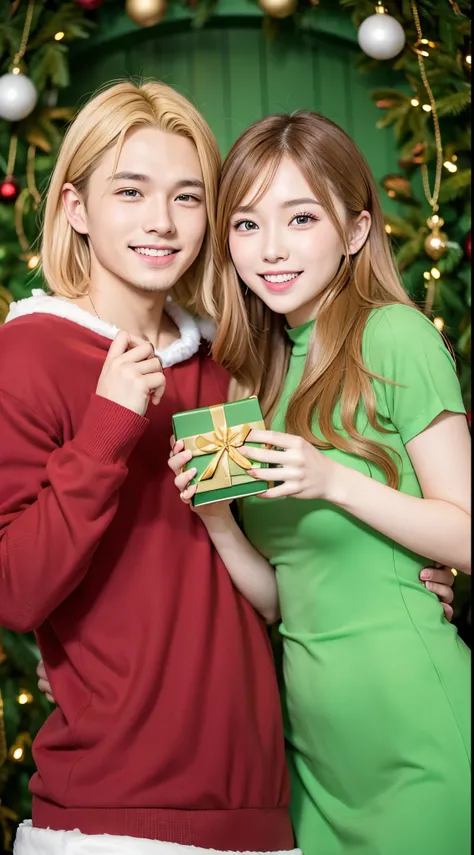 A young couple celebrating Christmas、Golden hair、Green eyes、Happy smile、Christmas Backgrounds、asian human、