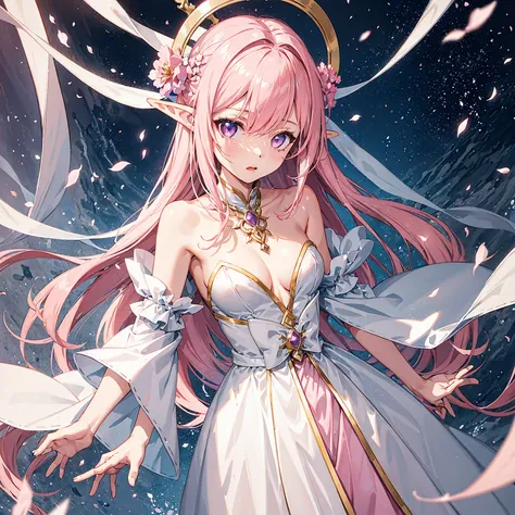 1 girl,slender,beautiful,log pink hair,elf ears,blue and pink eyes,wearing an elegant white dress,sakura back ground