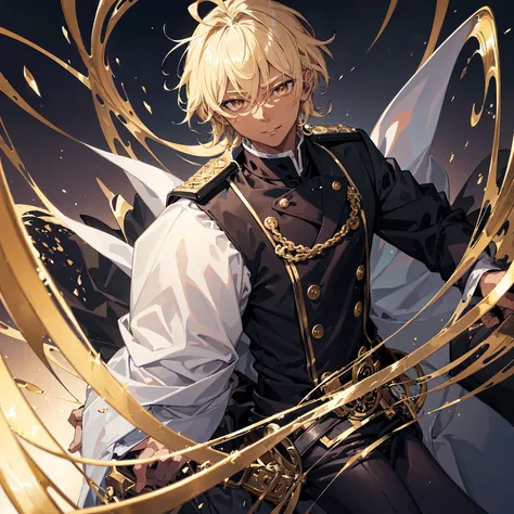 1 boy(12 years),dark skin,golden eyes,golden blonde hair(TYBW Toshiro hairstyle),wearing a black military uniform ,looking at viewer,smilingly calmly,full body ,castle back ground(((masterpiece))),(((ultra high detail))),(((ultra high resolution)))