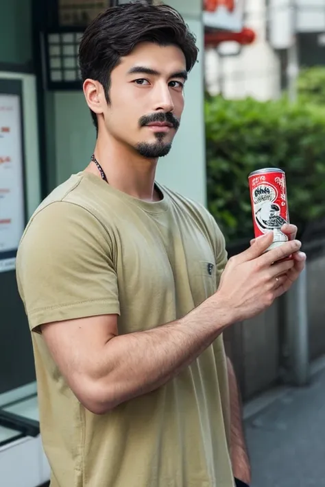 Japan handsome men,Upper body portrait,Holding a can,He has a mustache